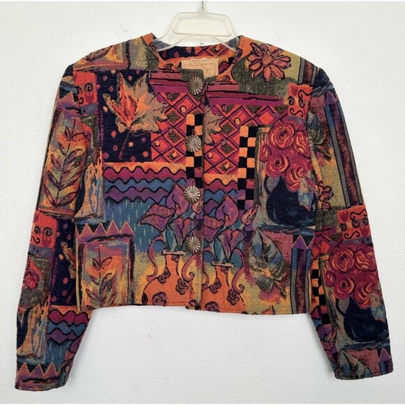 Painted Pony Tapestry Crop Boxy Jacket Vtg Colorful Red Shoulder Pads Size Small - Picture 1 of 8